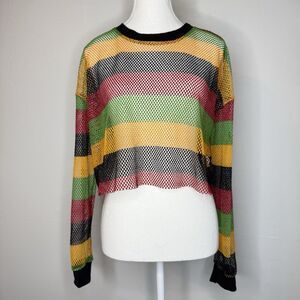 Objex Women’s M Rasta Stripe Mesh Crop Sweater Sheer Open Knit Made in USA Rave